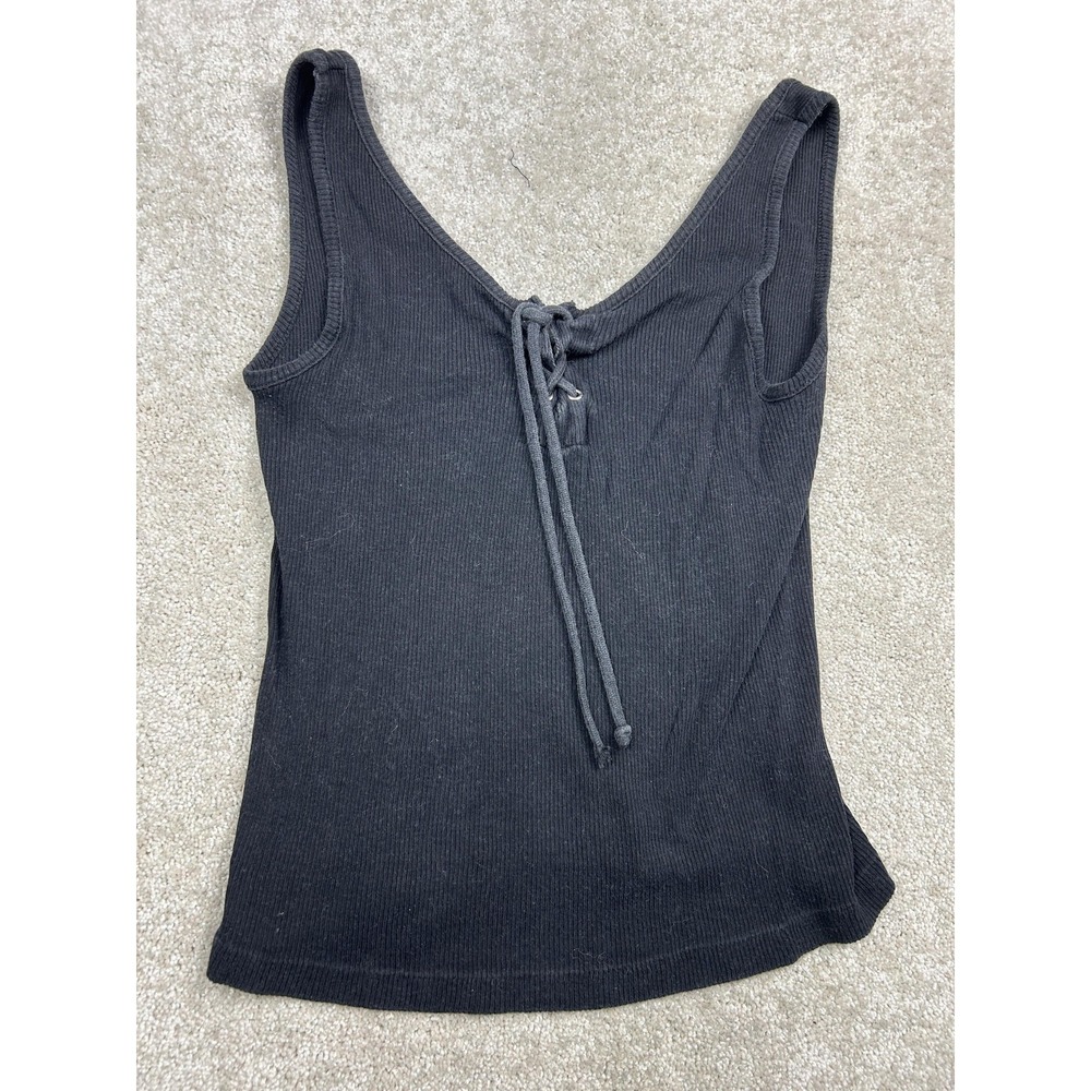 Parrinello Tank Top Womens Medium Black Ribbed Knit Scoop Neck Lace Up